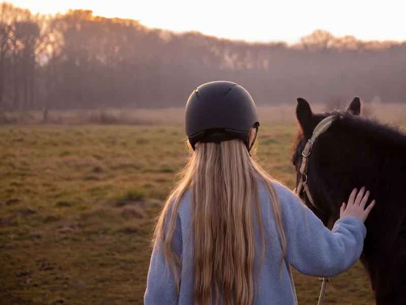 Horse rider at sunset on Maypole Farm